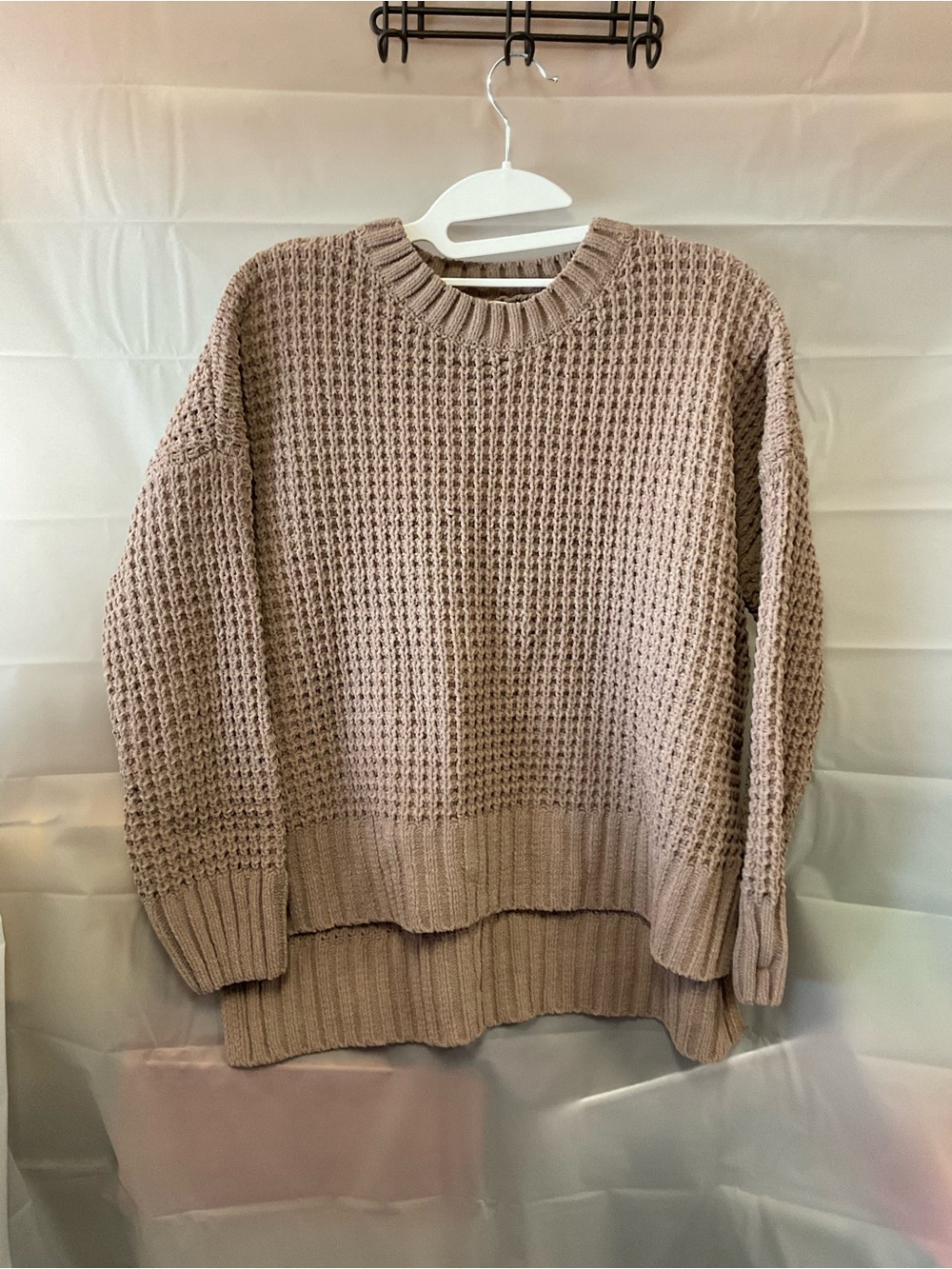 Pink Rose Oversized Waffle-Knit Crewneck Sweater in Taupe